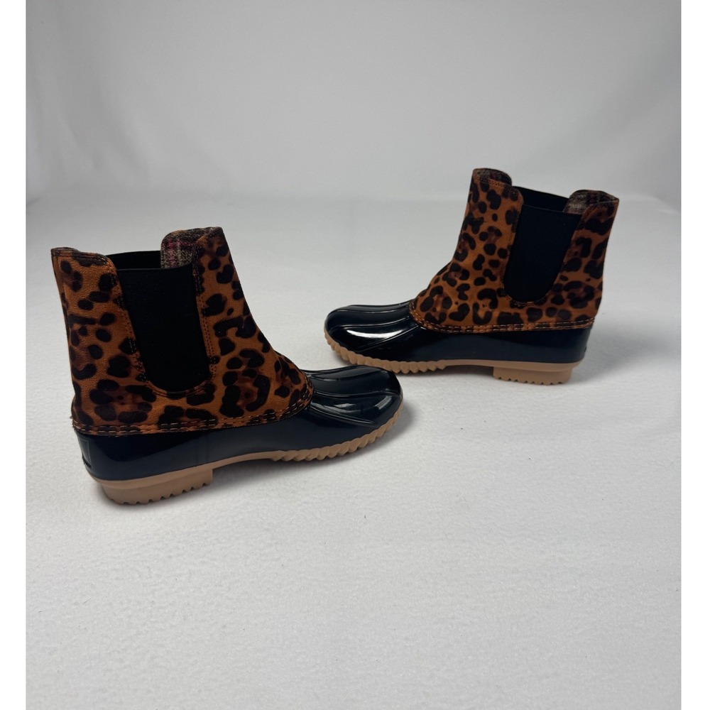 Leopard Print ZBY Women 7.5 Duck Boots Black Brown Waterproof Ankle Chelsea Boot